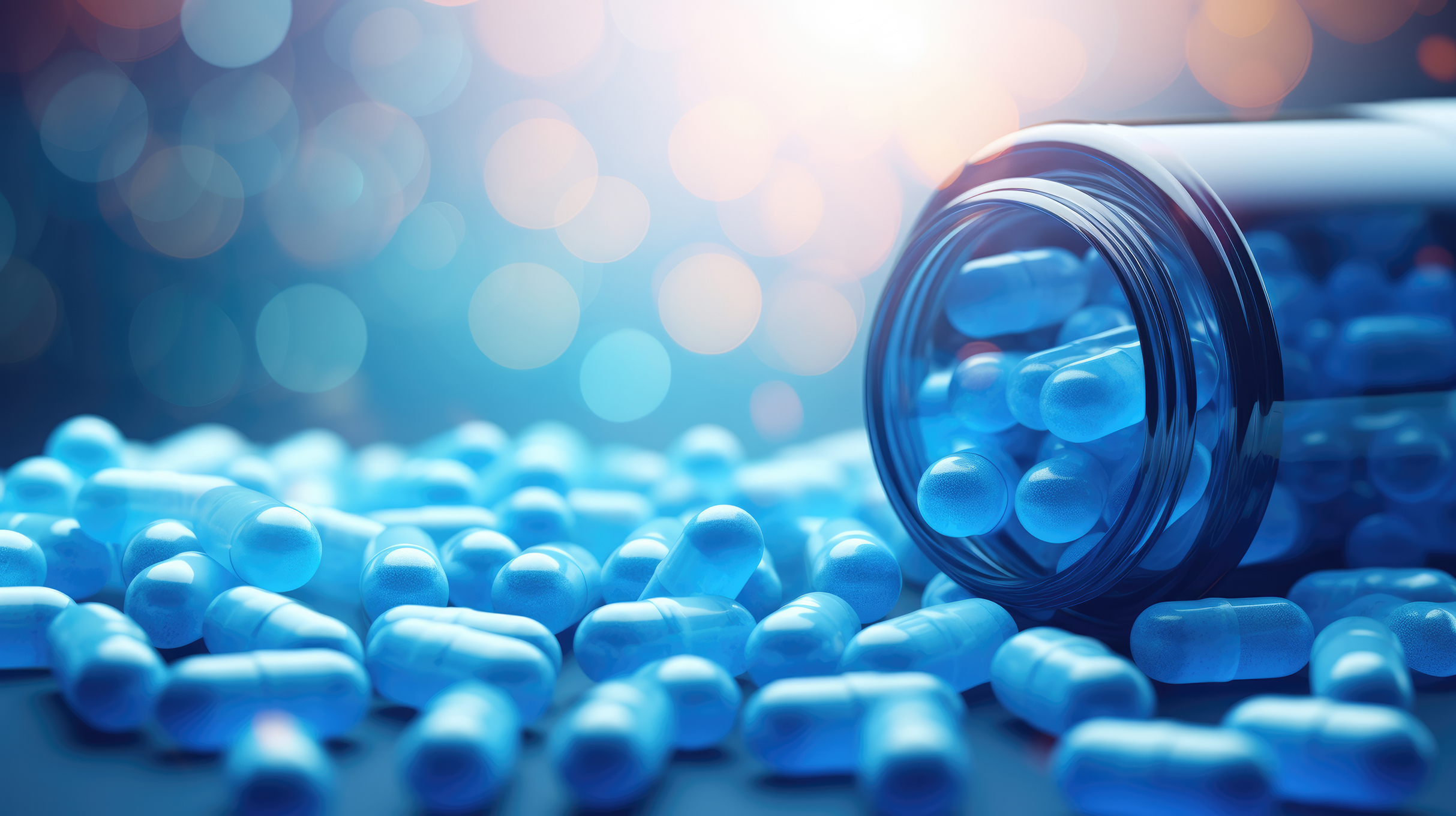 a blue pills spilling out of a bottle