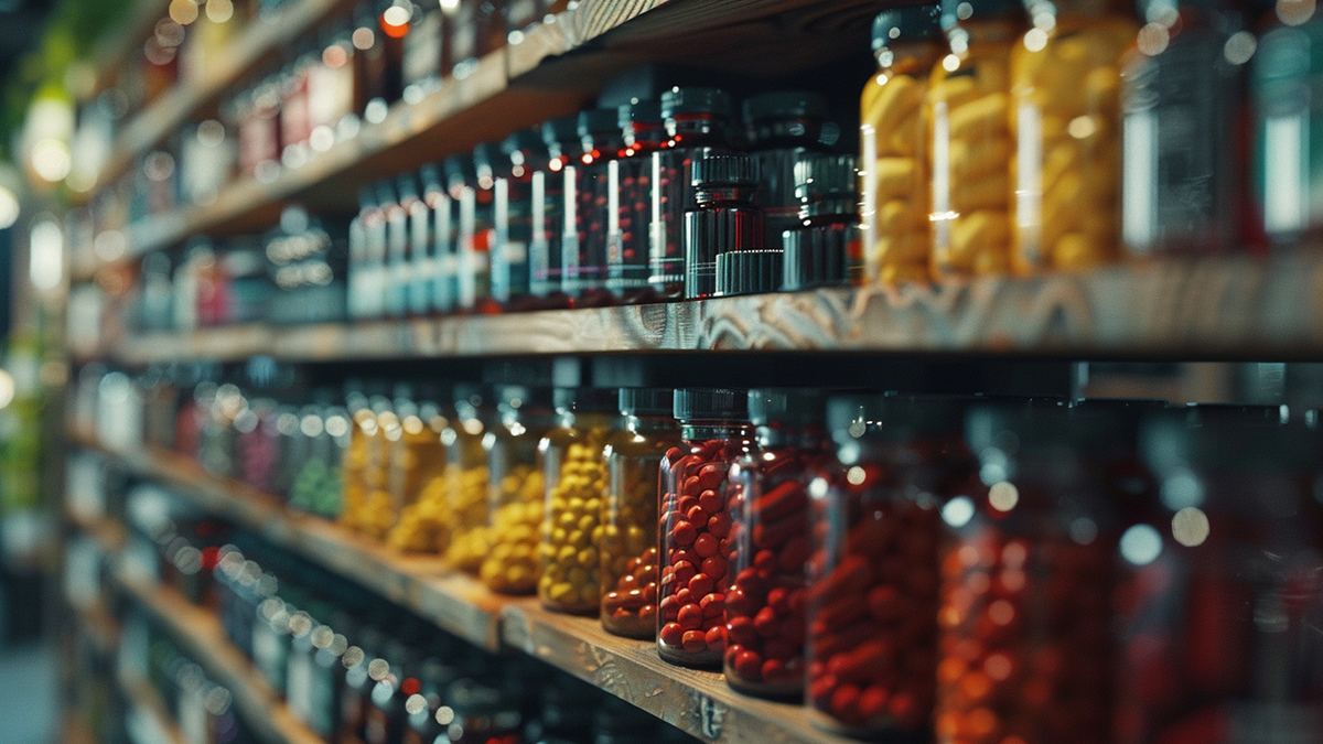a shelf with bottles of medicine